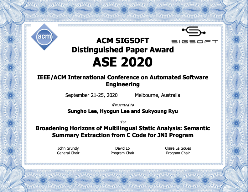 Prof. Sungho Lee won ACM SIGSOFT Distinguished Paper Award in ASE'20!